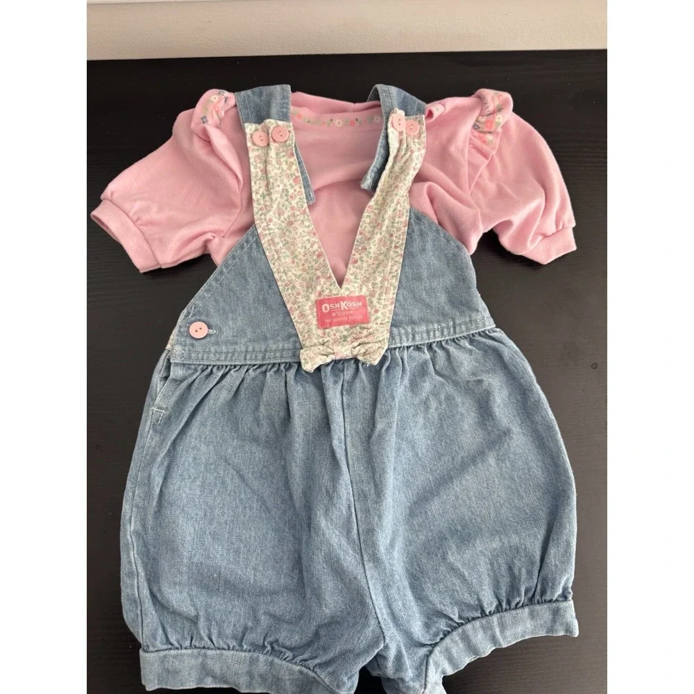 Vintage OshKosh B'Gosh Vestbak Denim Bubble Overalls Floral Trim Baby 4T Shirt